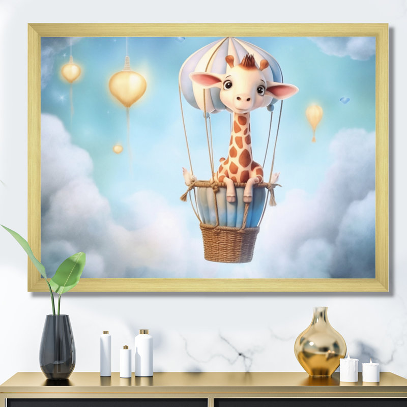 «Nursery Adorable Giraffe I», reproduction sur toile, Cadre doré simple, H 16 po x l 32 po x P 1 po