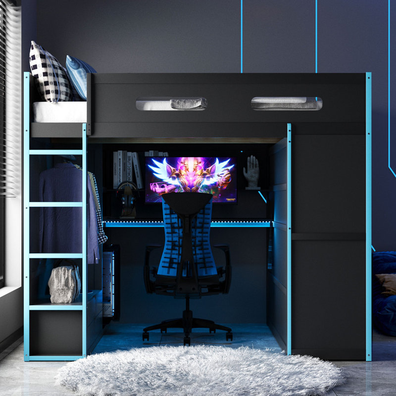 Lit mezzanine en bois avec bureau, garde-robe, grand espace de rangement et lumière RVB, Bleu