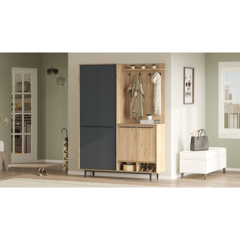Modern Hall Stand with Multiple Shelves, Oak & Anthracite, 57.9 x 77.0 x 14.0 inches | 100% Melamine Coated Particle Board, Thickness: 0.7 inches | Wall-Mountable Design, Stylish and Functional Storage Solution