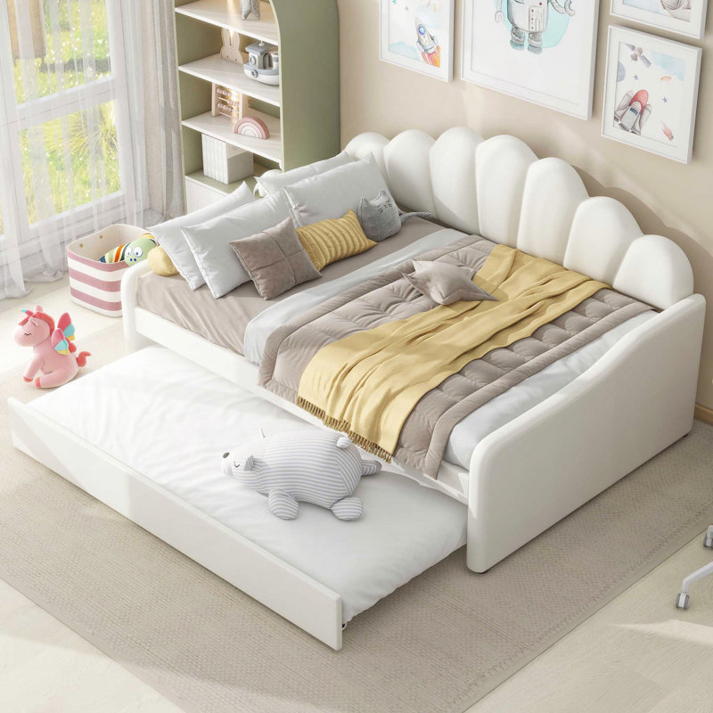 Upholstery Daybed Frame With Shall Shaped Backrest And Trundle