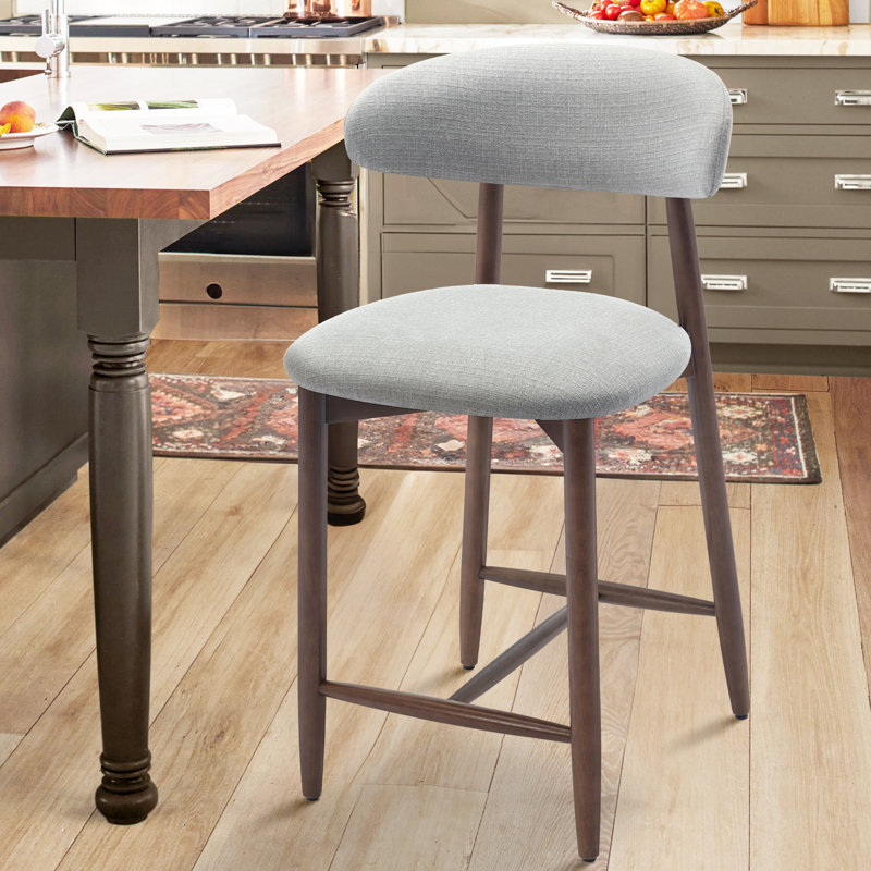 Tabouret de comptoir rembourrÃ© de 25 po avec dossier incurvÃ© et piÃ¨tement en bois massif, 1, Gris clair