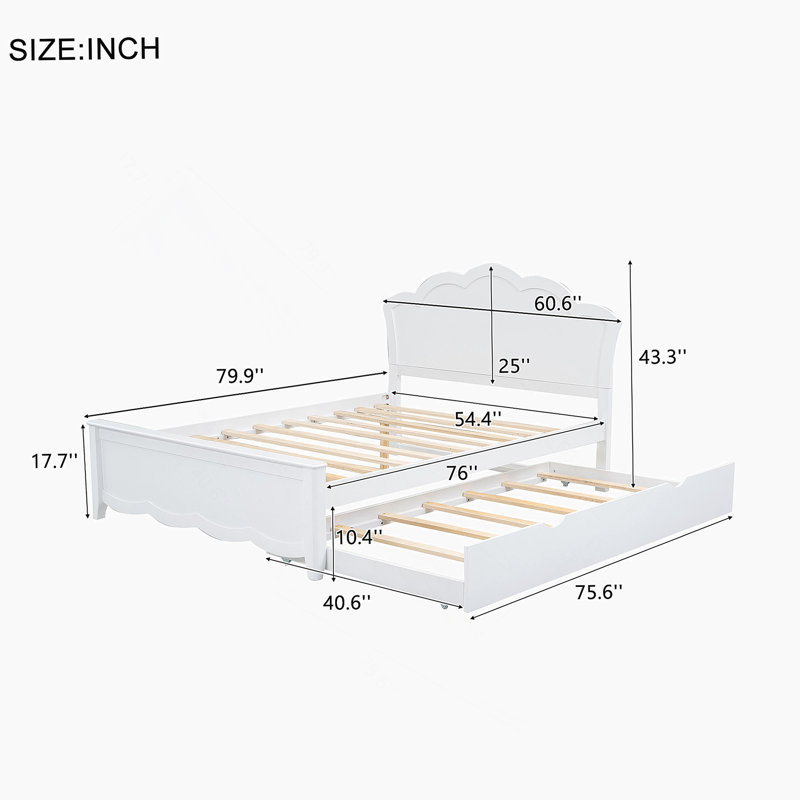 Lit plateforme double en bois avec tête de lit et lit gigogne simple, blanc, Double