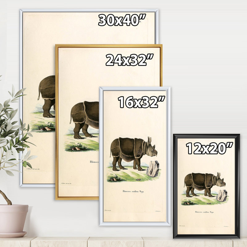Rhinocéros rétro - peinture sur toile, H 32 po x l 16 po x P 1 po, Cadre flottant blanc
