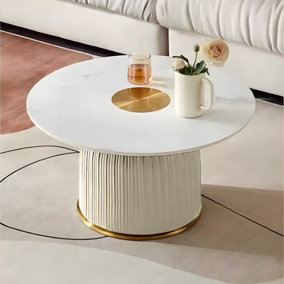 Luxurious Gold-Trimmed Pleated Marble Round Coffee Table