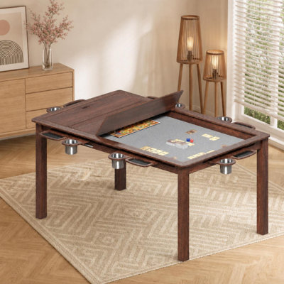 Table de jeu en bois massif avec plateau amovible, comprend un tapis de jeu, 6 porte-gobelets et plateaux de loisirs amovibles, une table de jeu et de salle à manger pour les réunions de famille