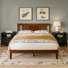 Solid Wood Platform Bed Frame With Slatted Headboard & 2 Wood Nightstands Set