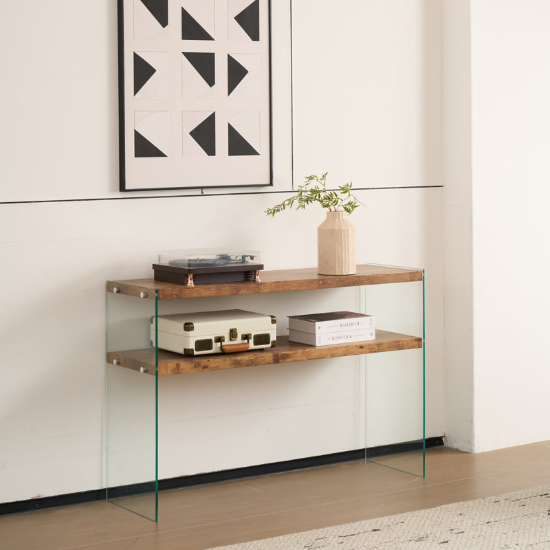 MDF Console Table, Big Side Table, Walnut Tempered Glass Desk,Entry Table