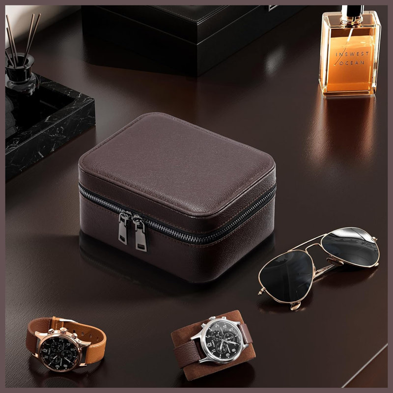 Boîtier de montre de voyage en cuir PU à 2 fentes, organisateur à fermeture à glissière pour montres, bagues et accessoires, brun