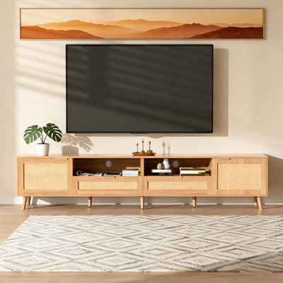 Meuble télé en rotin pour téléviseur de 90 po ou moins, console multimédia de style campagne moderne avec rangement spacieux et pieds en bois massif