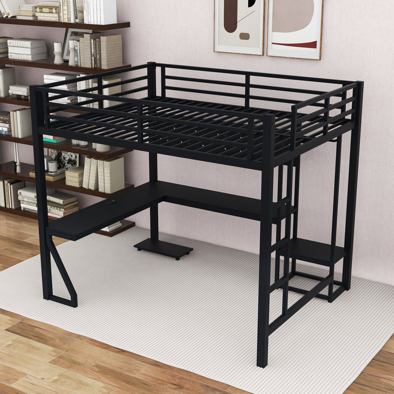 Lit mezzanine avec bureau, ports USB et panneau perforé, Grand lit