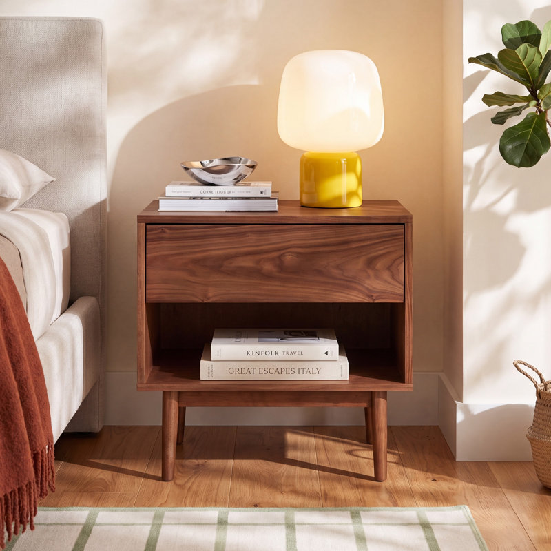 Indra 22" H 1-Drawer Wood Nightstand, Walnut