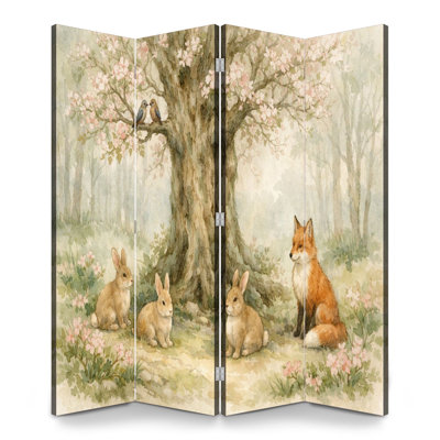 4 panneaux paravent pliant Royal fantaisiste Woodland scène lapins renards oiseaux en fleurs doux toile écran séparateur de pièce autoportant protecteur mur cloison d'intimité