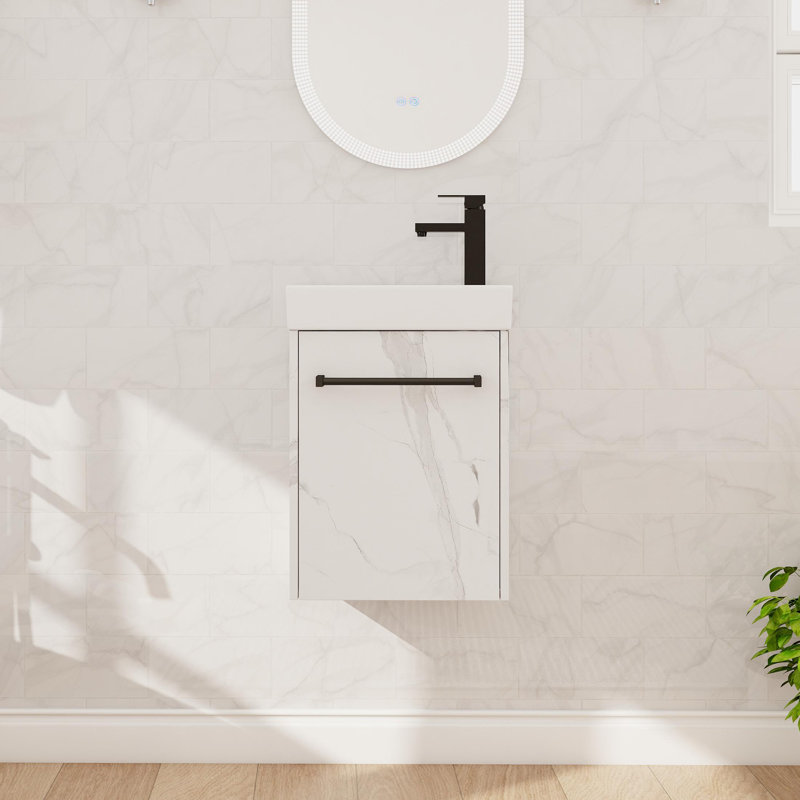 Petit ensemble de meuble-lavabo 16 po, meuble-lavabo mural simple avec comptoir de lavabo en céramique, meuble-lavabo flottant avec 1 porte