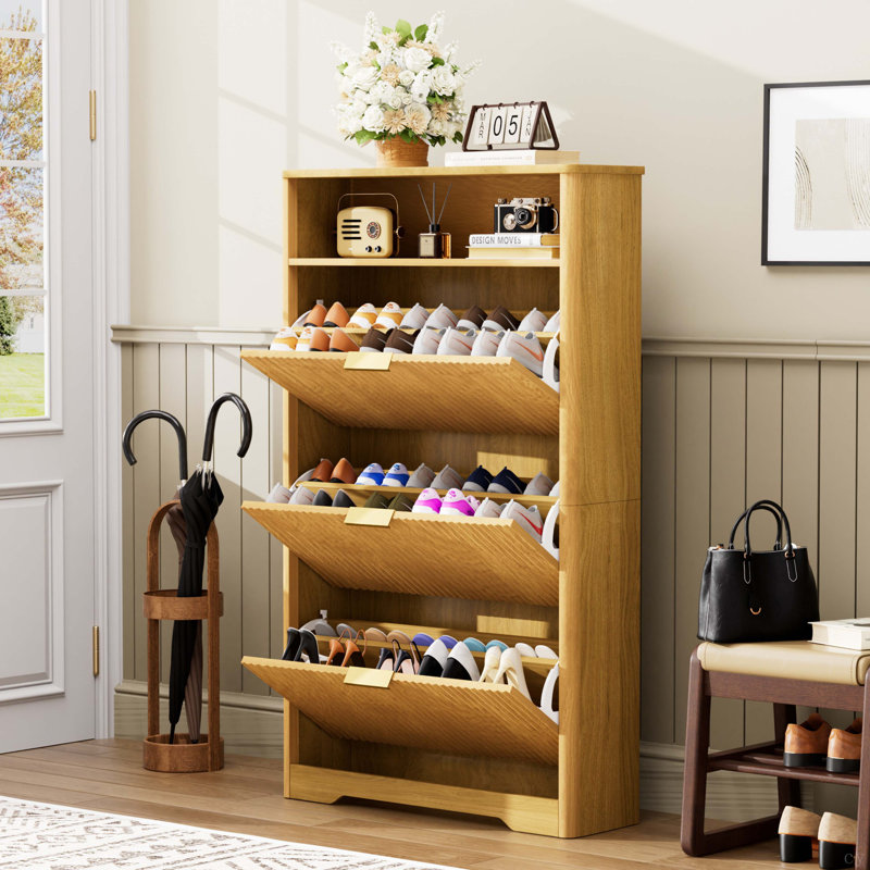 Shoe Cabinet Storage For Entryway Hidden Shoes Storage Cabinet With 3 Flip Drawers, Tall Free Standing Shoe Organizer Rack For Foyer, Hallway. Natural,31.6'' L X 9.6'' W X 54.4'' H