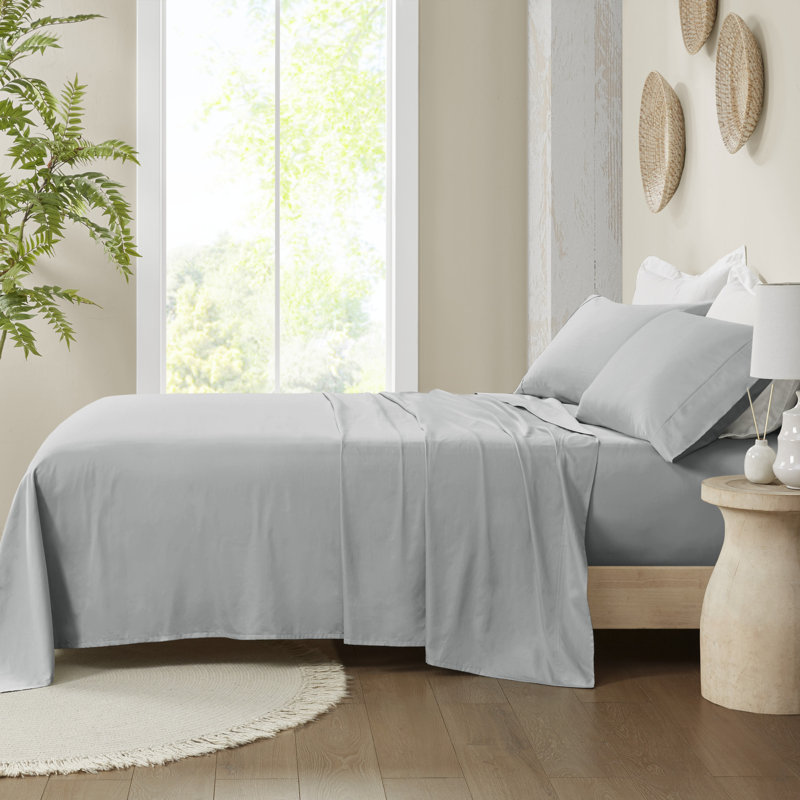 Madison Park 300 Thread Count Organic Cotton Grey 100% Organic Cotton Farwell Silky Soft Deep Pocket 4-Piece Queen Sheet Set