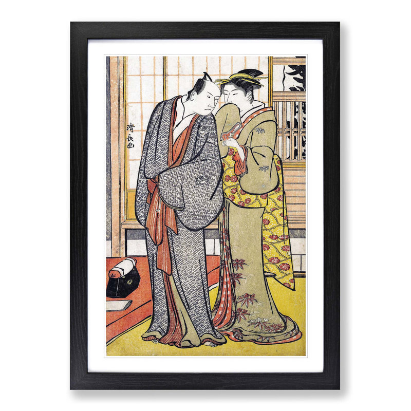 Ichikawa Yaozo III with a Lady by Torii Kiyonaga - Picture Frame Painting Print, 36cm H x 27cm W x 2cm D, Black Framed