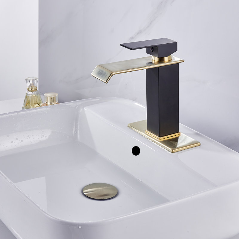 Robinet pour salle de bain à poignée simple avec drain, Noir / or brossé