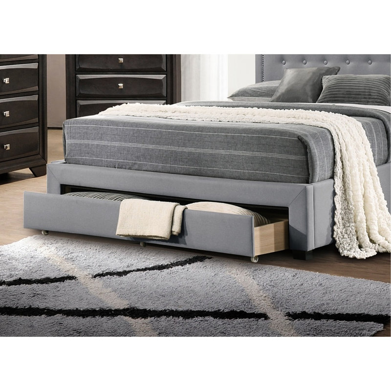 Lit simple avec tête de lit arquée et revêtement en toile de jute de couleur grise bouton de rangement en tissu, Twin, Gray