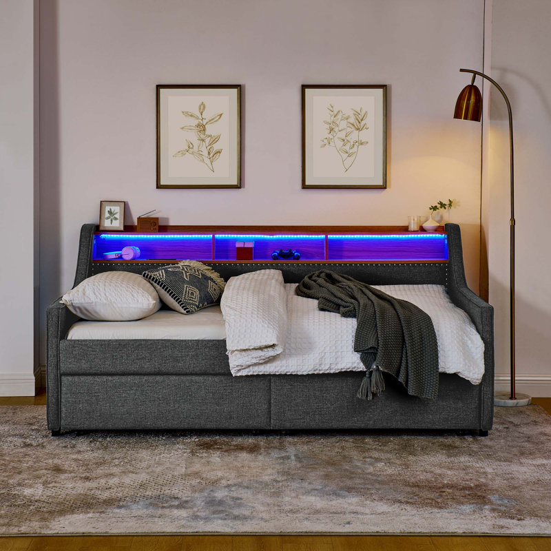Canapé-lit rembourré avec trois lumières DEL, tête de lit réglable avec rangement, deux tiroirs de rangement et charge sans fil, structure de canapé-lit rembourrée en lin