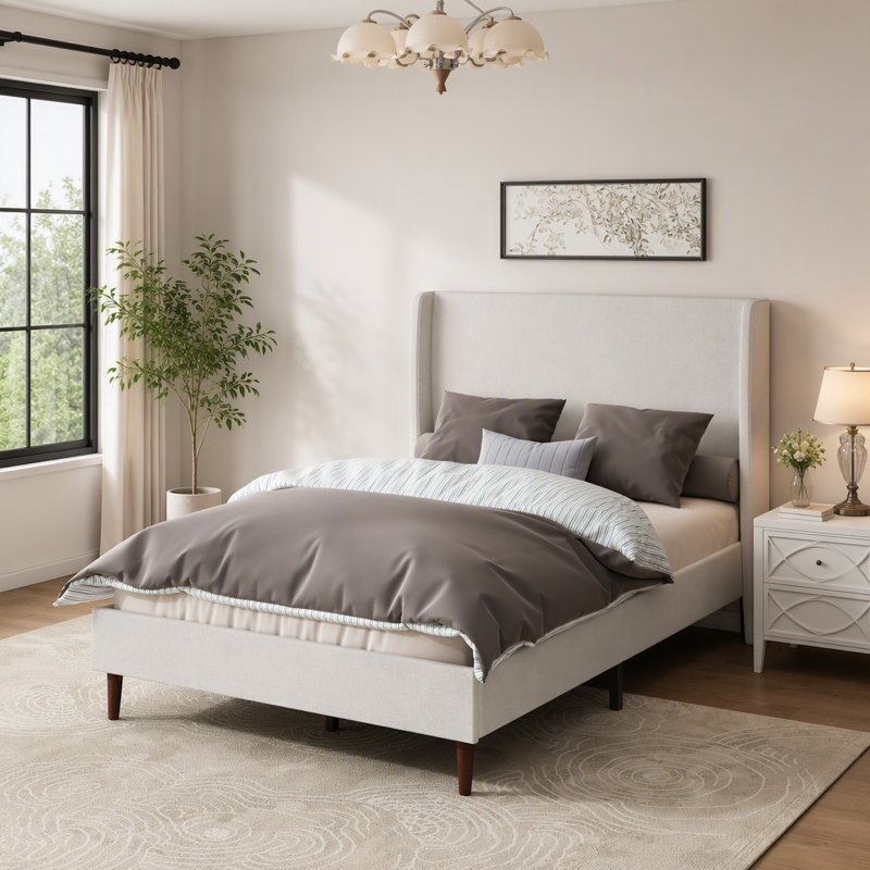 Base de lit tapissier haute avec support à 12 lattes, assemblage facile, tissu en chenille, aucun sommier requis