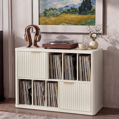 39.5-Inch Fluted Record Player Stand with Vinyl Storage, Open Shelves & Closed Cabinets