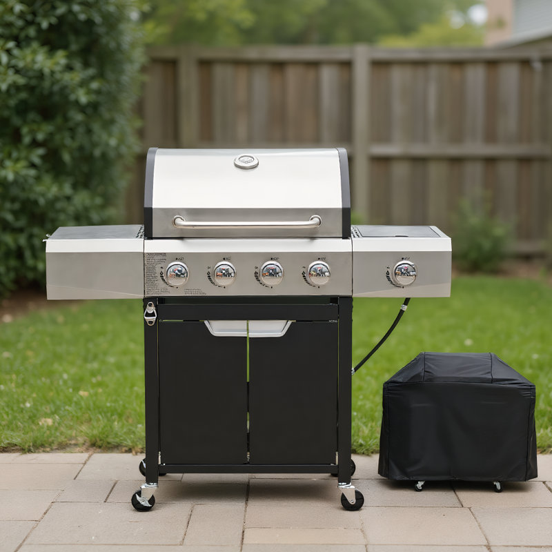 Stainless Steel 4-Burner Propane Gas Grill with Side Burner & Cover, Outdoor BBQ