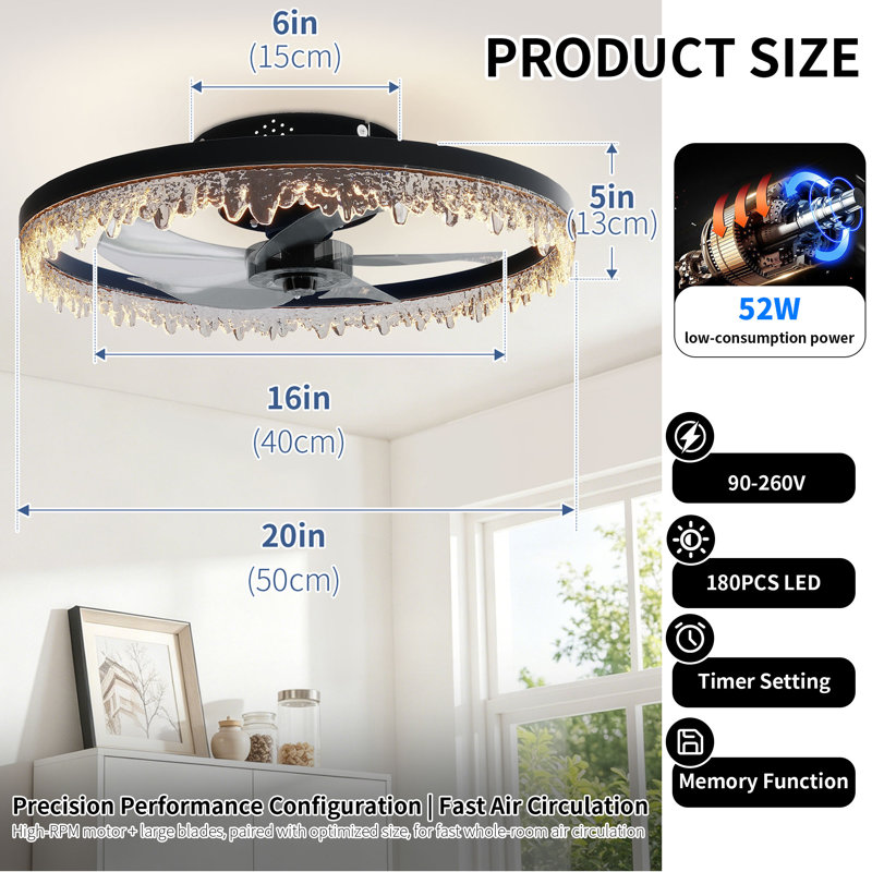 20" Black Ceiling Fan with Dimmable LED Light, 20" Black Ceiling Fan with Dimmable LED Light