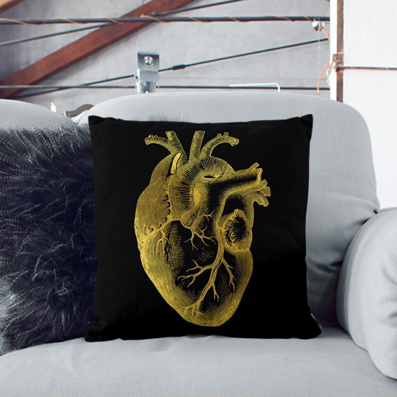 Black Gold Anatomical Heart Scatter Cushion, 40cm H x 40cm W x 15cm D