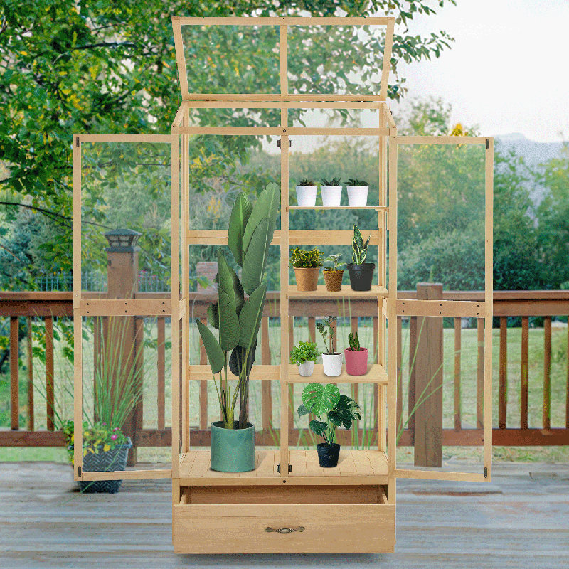 Natural Wood 3-Tier Cold Frame Greenhouse with Sliding Doors