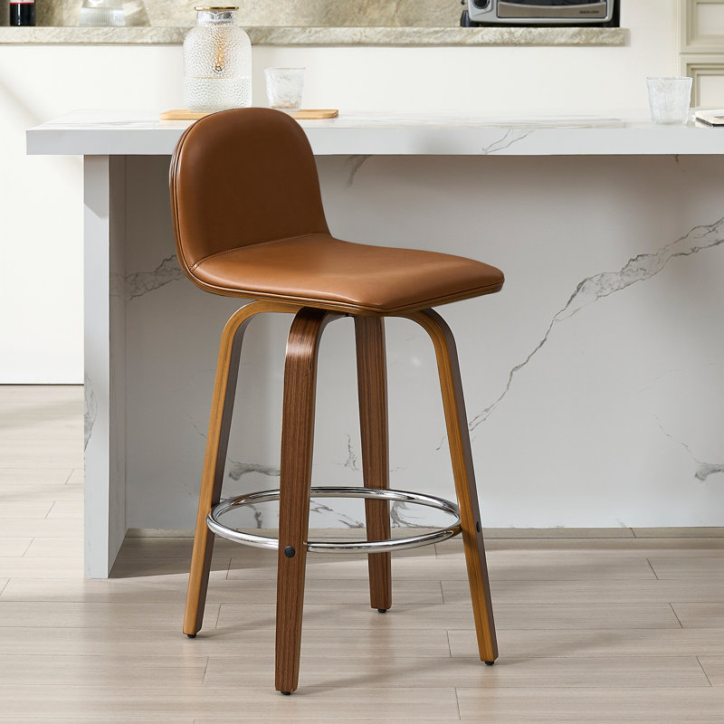 Tabouret de bar pivotant rembourré, Tabouret de comptoir (siège d'une hauteur de 26 p, Cuir brun / cadre brun