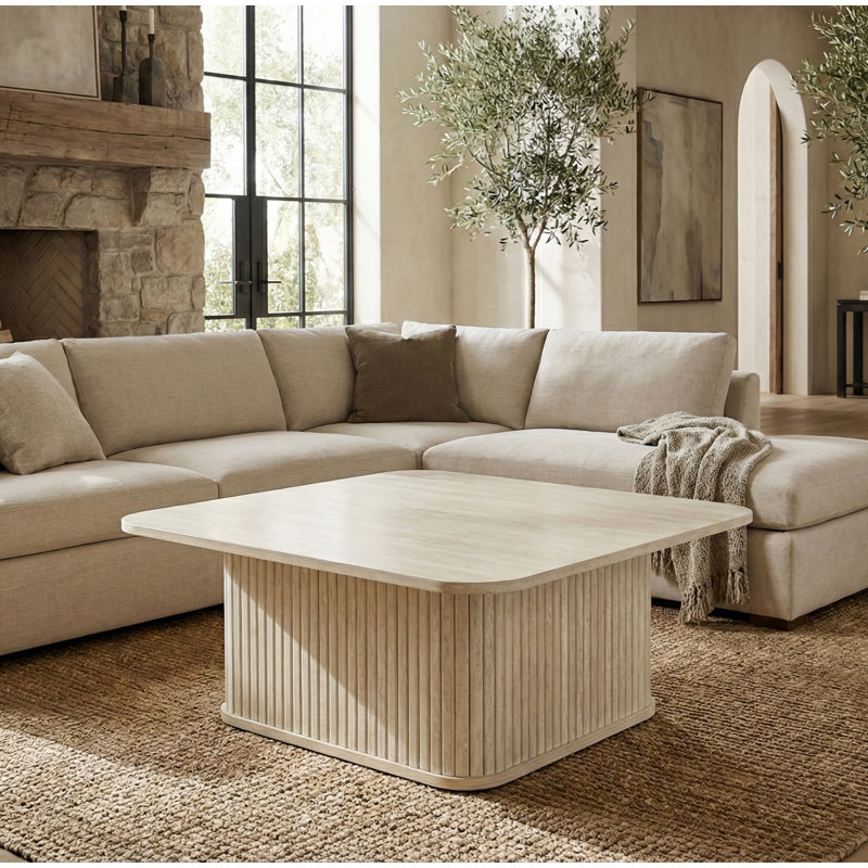 Aurel 31.5" Fluted Square Coffee Table, Beige