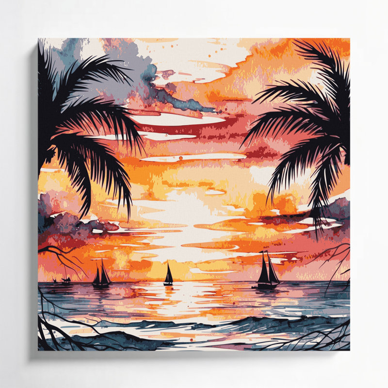 «Botanical Tropical Sunset», art mural sur toile orange, H 12 po x l 12 po