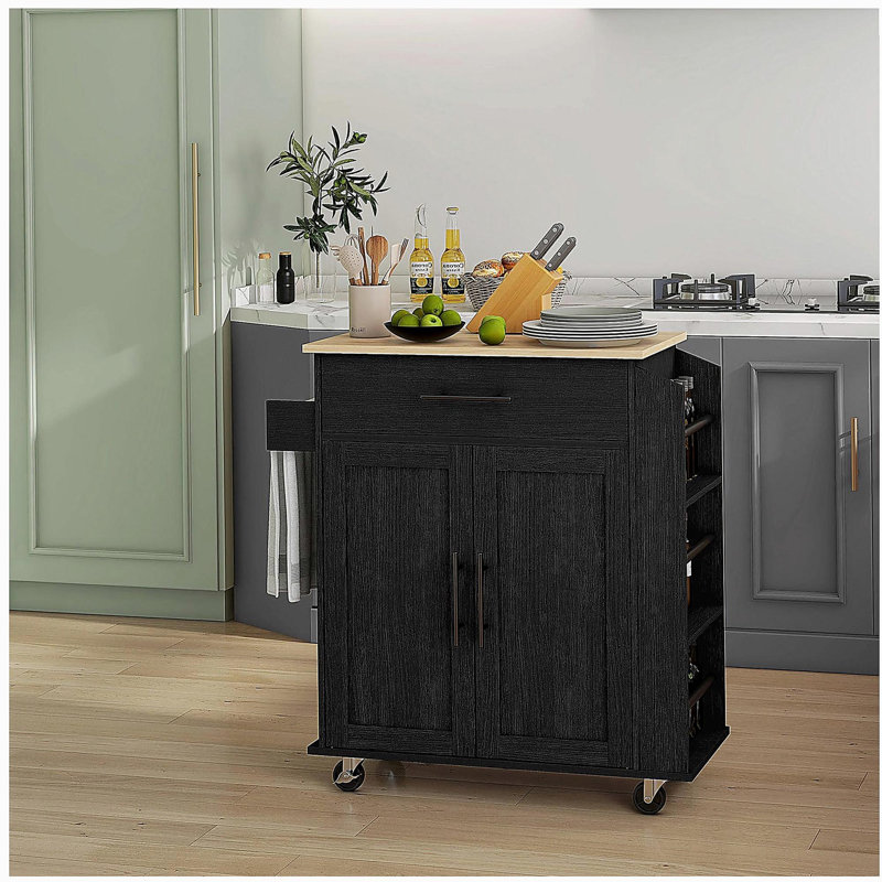 Kitchen Island with Storage, Rolling Kitchen Trolley with Power Outlets and USB Ports, Microwave Rack with Towel and Spices Shelf, White