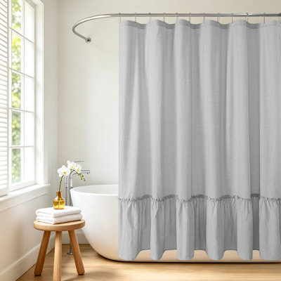 100% Washed Cotton Striped Buttonhole Shower Curtain With Bottom-Ruffled
