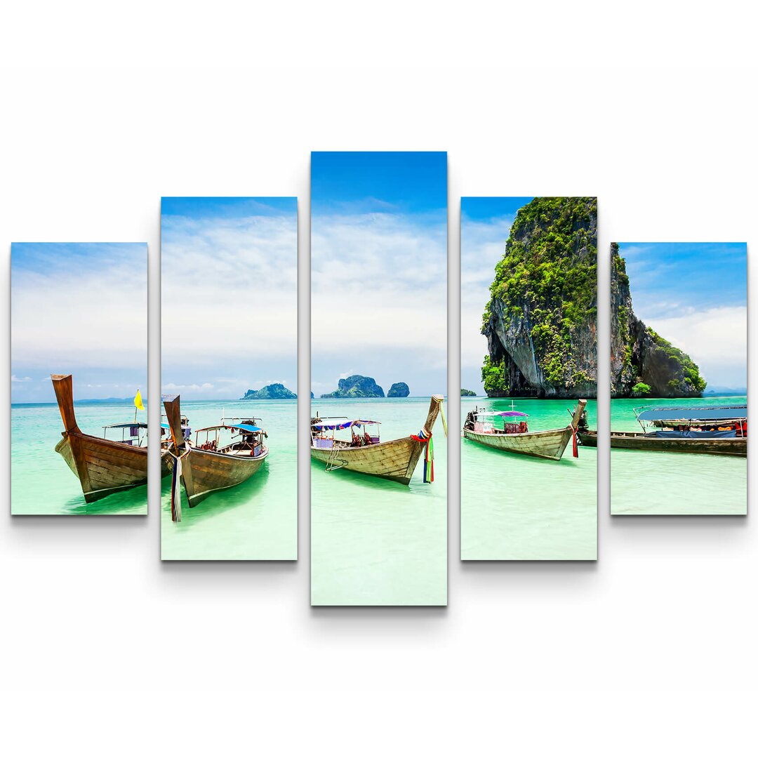 5-tlg. Leinwandbilder-Set Longtale Boote am Strand von Phuket - Thailand