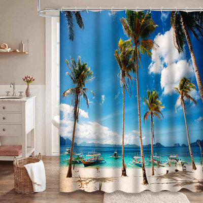 Palmiers de plage tropicale, ciel bleu, eau turquoise, sable blanc avec 12 crochets