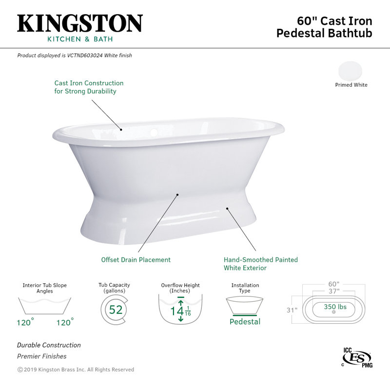 Kingston Brass Aqua Eden 60-Inch Cast Iron Oval Double Ended Pedestal Tub (No Faucet Drillings)