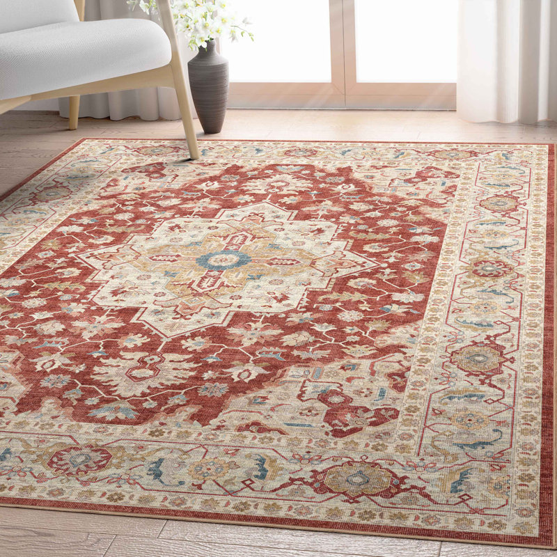 Summit Red Beige Medallion Oriental Area Rug, Rectangle 5'3" x 7'3"