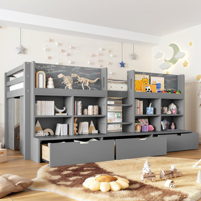 Loft Bed With Multi-Storage Shelves And Storage, Low Loft Bed With Curtain Under The Bed And Chalkboard, No Box Spring Needed