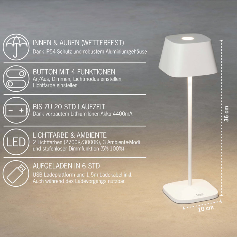 Capri Cordless Table Lamp - USB Rechargeable, Dimmable LED, Stylish Design, White