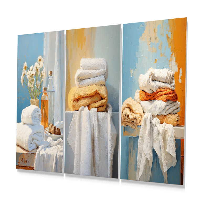 Ensemble de 3 serviettes murales blanches et orange, H 28 po x l 36 po