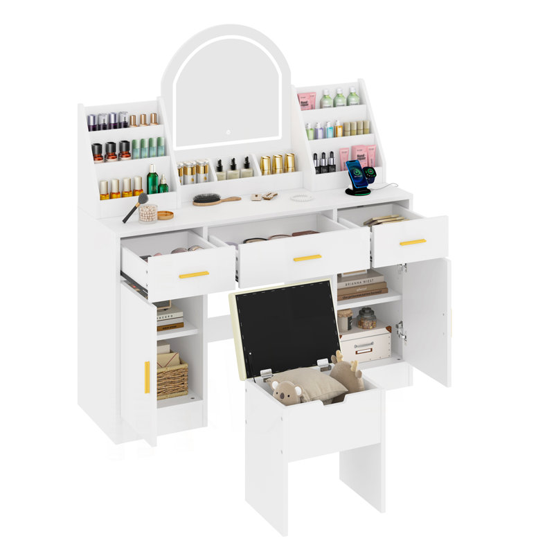 Coiffeuse 47,2 "avec miroir et lumière, coiffeuse avec tabouret de rangement rembourré, coiffeuse avec deux organisateurs, 3 tiroirs et 2 armoires pour la chambre à coucher, blanc