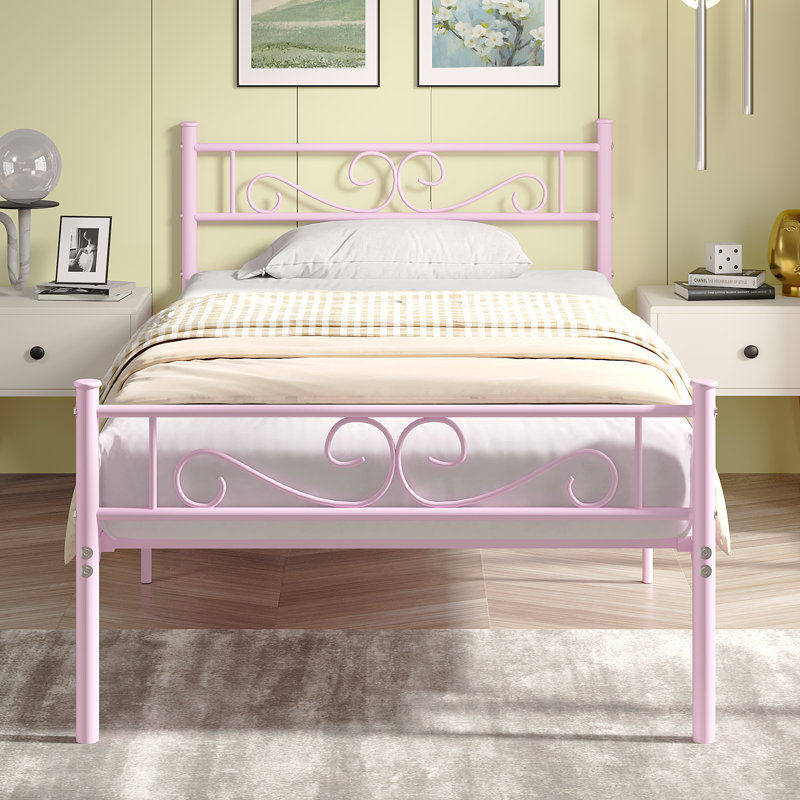 Kempst Metal Platform Bed with Headboard and Footboard, Twin, Pink