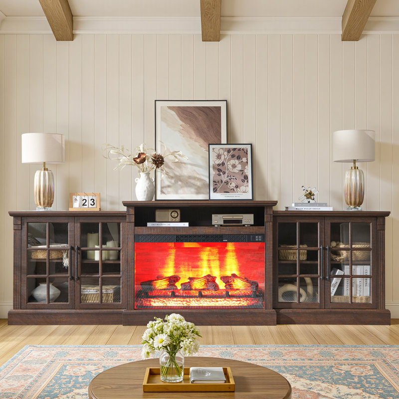  97"W Farmhouse Fireplace TV Stand with Large Storage Space, Rustic Brown, Rustic Brown, 33.6" H x 97" L x 15.25" W