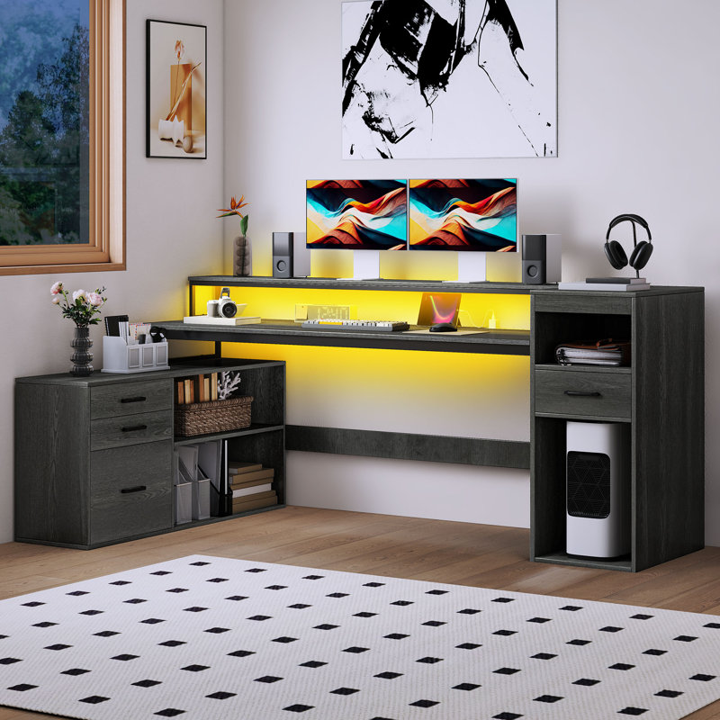 59'' L Shaped Computer Desk With Power Outlets, LED Lights & File Cabinet