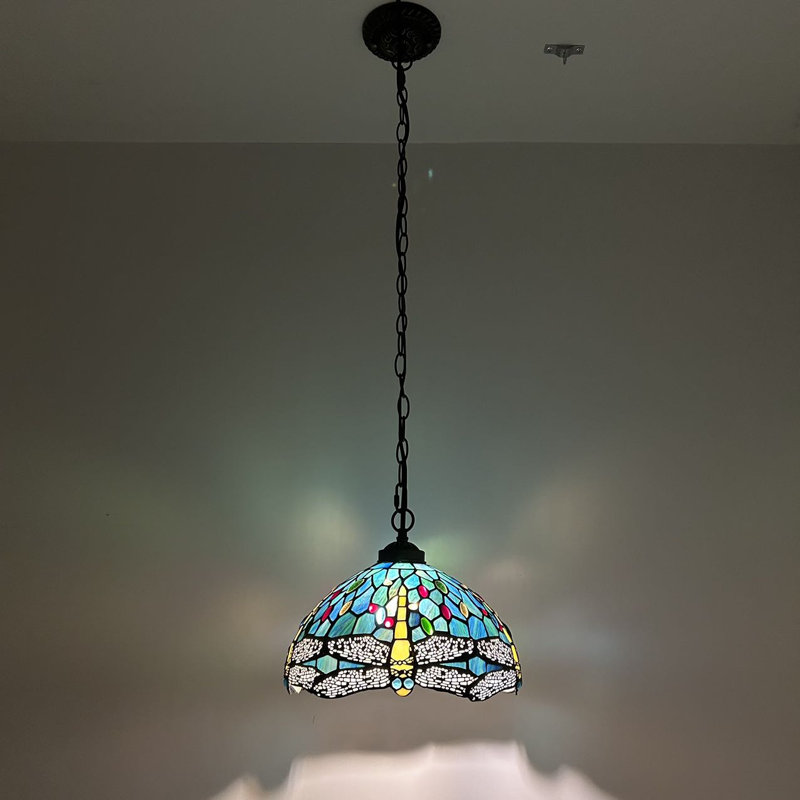 Luminaire suspendu Kleist Tiffany avec libellule en verre coloré bleu vert l 12 po x P 12 po x H 60 po