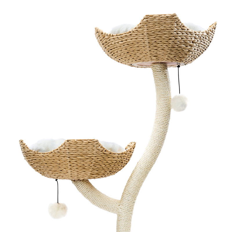 73'' Tall Beige Sisal and Wood Modern Cat Tree Tower
