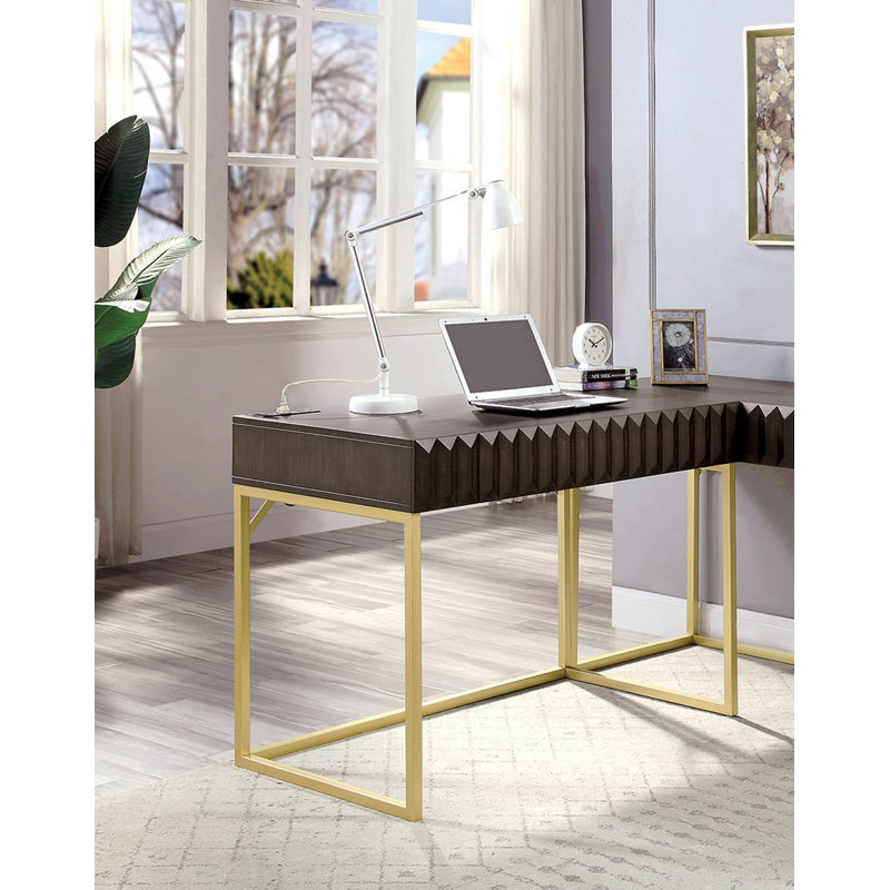 Bureau d'ordinateur transitionnel à deux tons, conception de dessus de port USB et tiroir dissimulé, Brun
