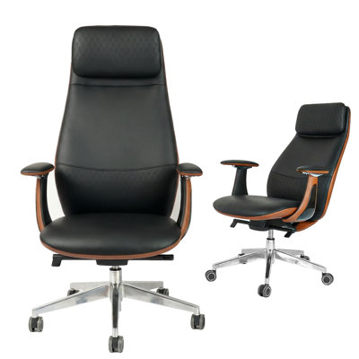 Fauteuil de direction monobloc en cuir brun, dossier haut, inclinaison réglable et pivotante