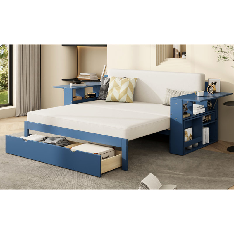 4 - In 1 Multifunctional Blue Full Size Daybed With Storage And Hydraulic Side Table, Converts To A Practical Desk Detachable Removable Desk, Saves Space Small Home Offices